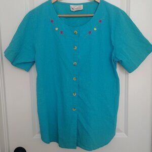 4/$20 Vintage 100% cotton embroidered button down bright blue blouse top 12